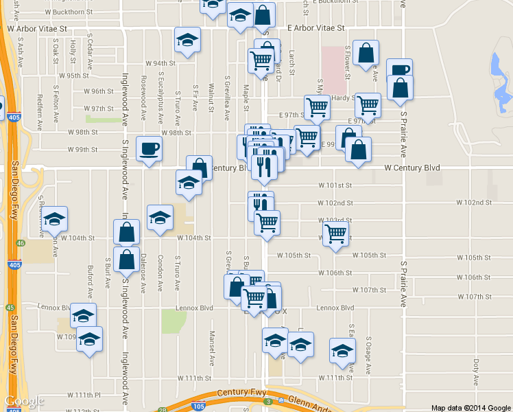 map of restaurants, bars, coffee shops, grocery stores, and more near 10223 Hawthorne Boulevard in Inglewood