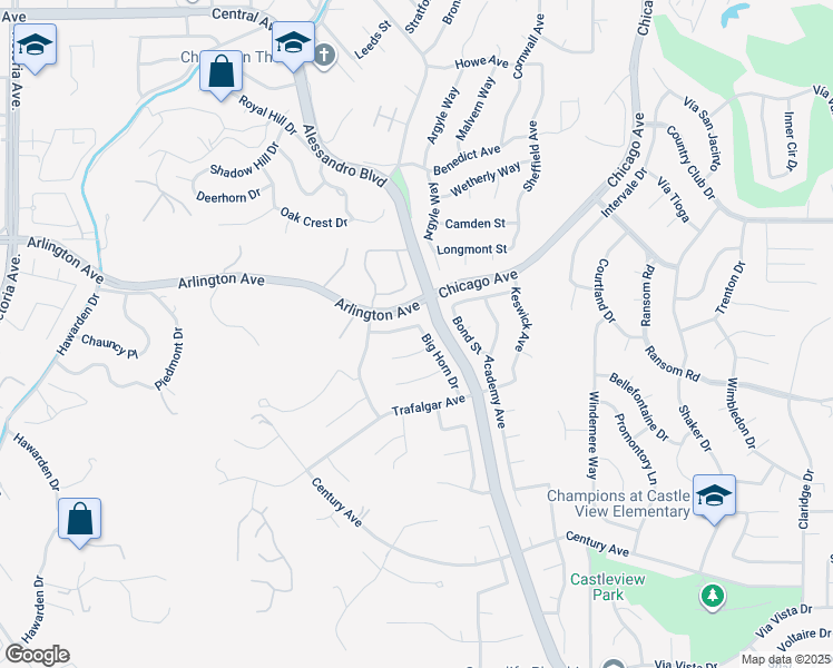 map of restaurants, bars, coffee shops, grocery stores, and more near 2158 Buckskin Place in Riverside