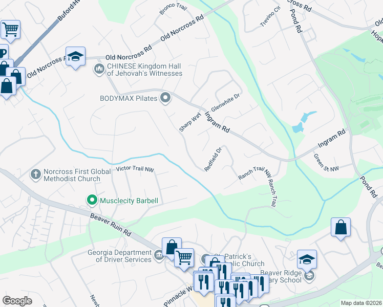 map of restaurants, bars, coffee shops, grocery stores, and more near 2503 Redfield Drive in Norcross