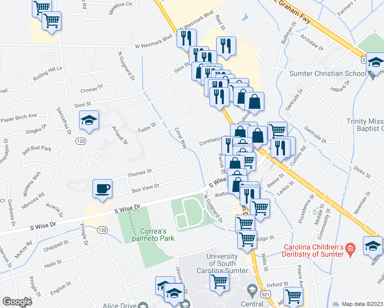 map of restaurants, bars, coffee shops, grocery stores, and more near 1887 Coral Way in Sumter