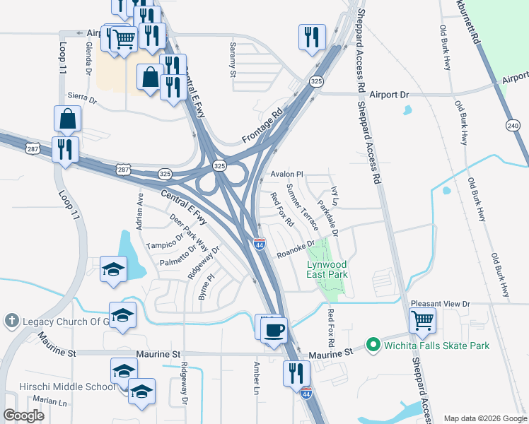 map of restaurants, bars, coffee shops, grocery stores, and more near 1806 Las Cruces Lane in Wichita Falls