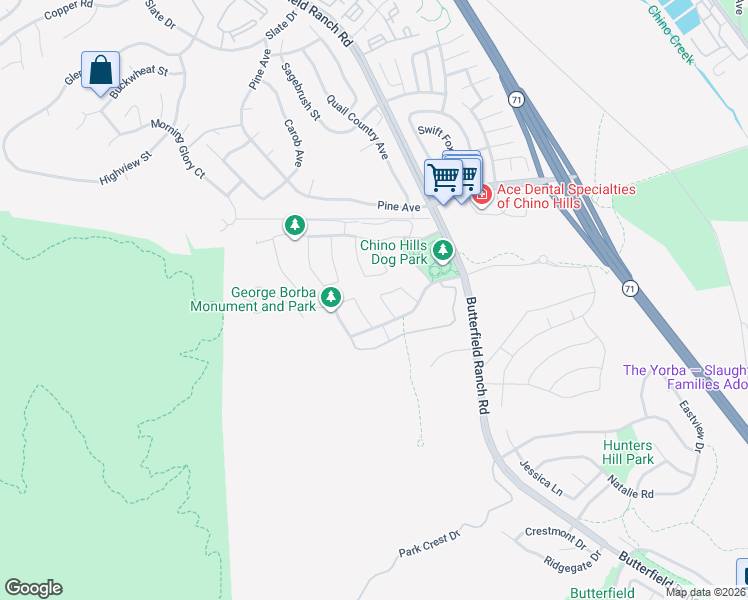 map of restaurants, bars, coffee shops, grocery stores, and more near 17034 Lagos Drive in Chino Hills