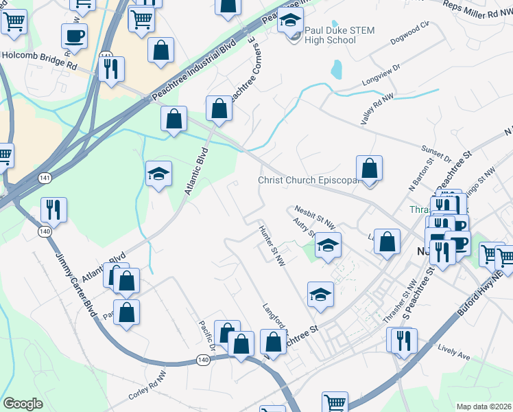 map of restaurants, bars, coffee shops, grocery stores, and more near 2840 Olde Town Park Drive in Norcross