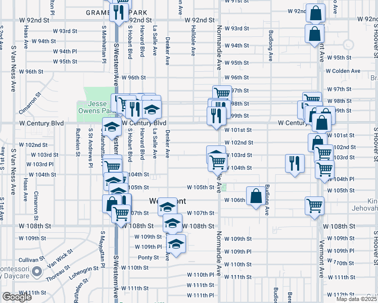 map of restaurants, bars, coffee shops, grocery stores, and more near 1515 West 103rd Street in Los Angeles