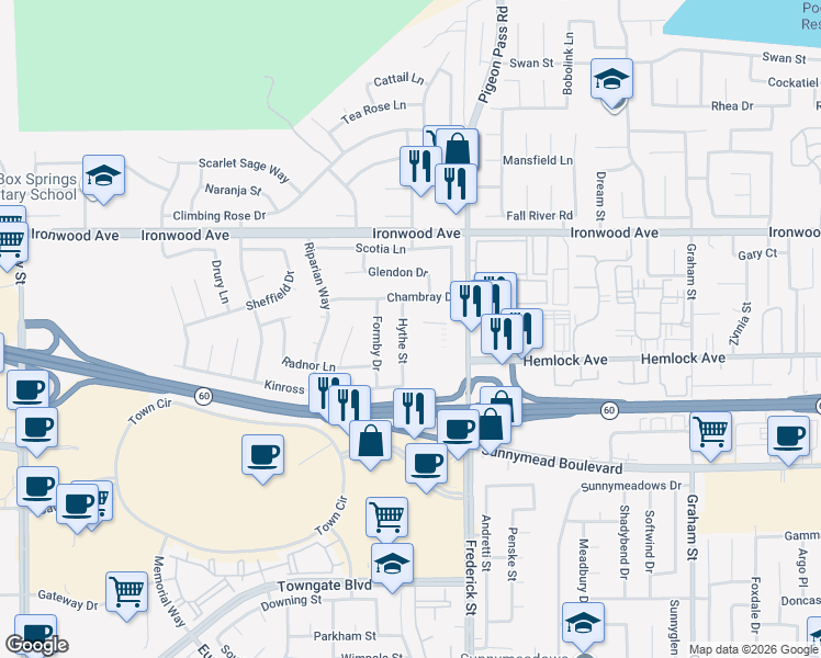 map of restaurants, bars, coffee shops, grocery stores, and more near 12216 Hythe Street in Moreno Valley