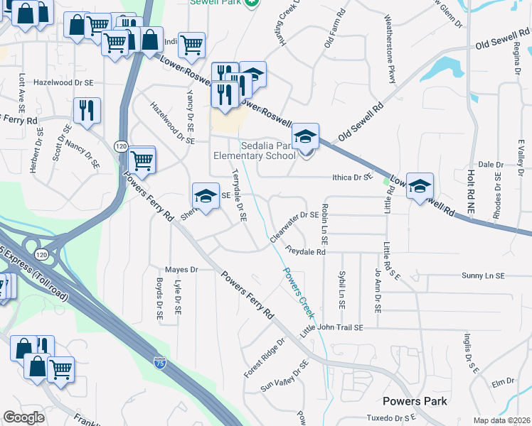 map of restaurants, bars, coffee shops, grocery stores, and more near 2162 Freydale Road in Marietta