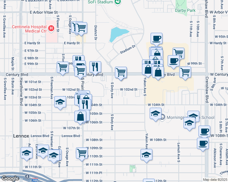 map of restaurants, bars, coffee shops, grocery stores, and more near 10202 Doty Avenue in Inglewood