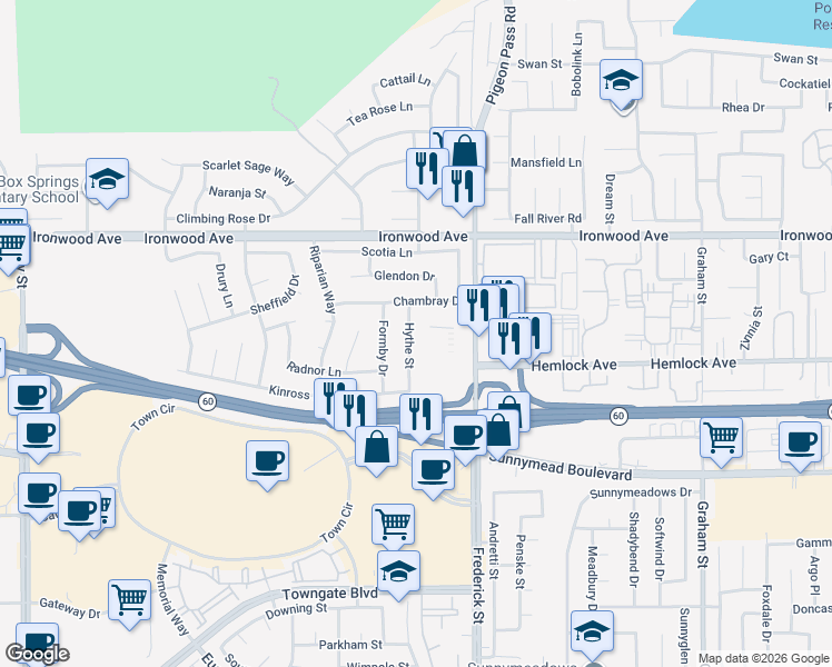map of restaurants, bars, coffee shops, grocery stores, and more near 12216 Hythe Street in Moreno Valley