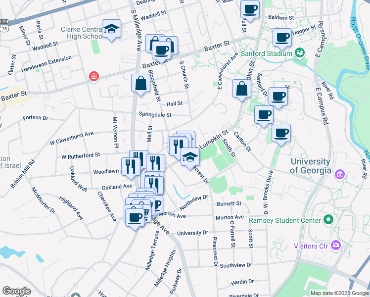 map of restaurants, bars, coffee shops, grocery stores, and more near 1360 South Lumpkin Street in Athens