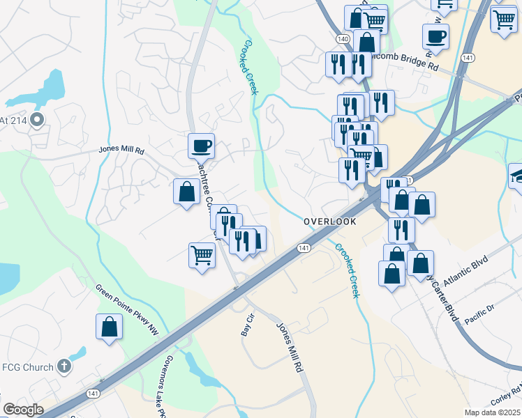 map of restaurants, bars, coffee shops, grocery stores, and more near 1700 Hunter Ridge Lane in Norcross