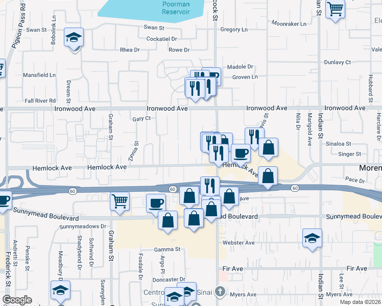 map of restaurants, bars, coffee shops, grocery stores, and more near 12186 Kristen Court in Moreno Valley