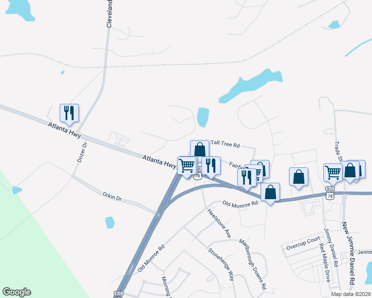 map of restaurants, bars, coffee shops, grocery stores, and more near 103 Tall Tree Road in Bogart
