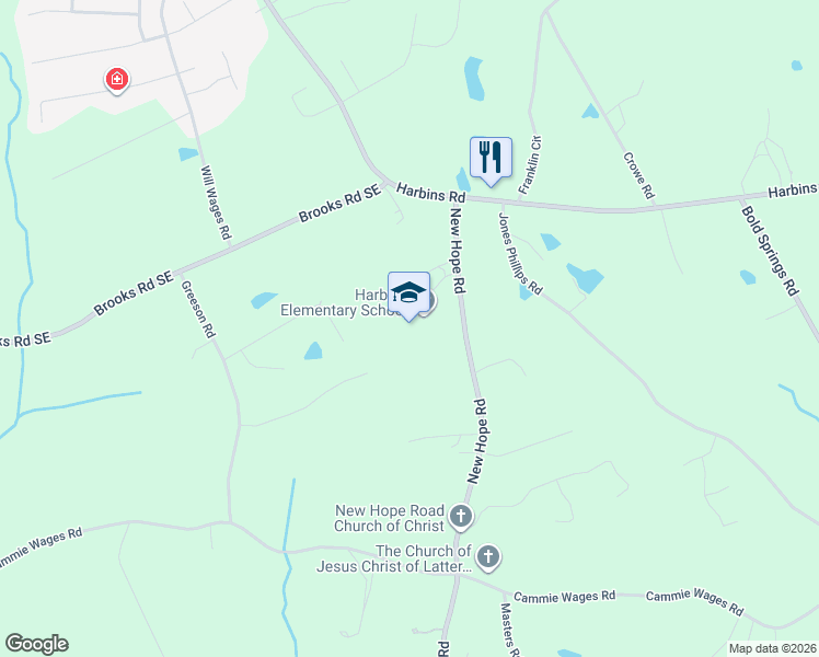 map of restaurants, bars, coffee shops, grocery stores, and more near 3550 New Hope Road in Dacula