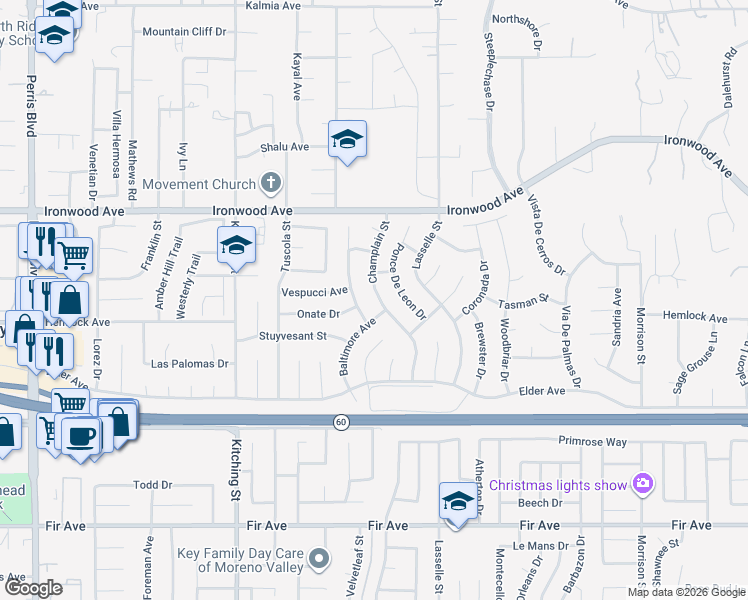 map of restaurants, bars, coffee shops, grocery stores, and more near 12205 Champlain Street in Moreno Valley