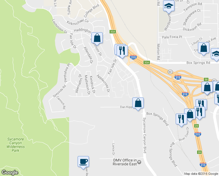 map of restaurants, bars, coffee shops, grocery stores, and more near 6022 Applecross Drive in Riverside