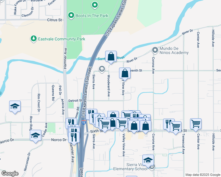 map of restaurants, bars, coffee shops, grocery stores, and more near 4281 Woodward Avenue in Norco