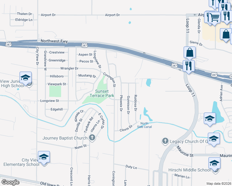 map of restaurants, bars, coffee shops, grocery stores, and more near 1607 Covington Street in Wichita Falls