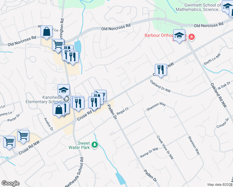 map of restaurants, bars, coffee shops, grocery stores, and more near 909 Country Oaks Court in Lawrenceville