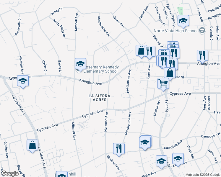 map of restaurants, bars, coffee shops, grocery stores, and more near 6279 Norwood Avenue in Riverside