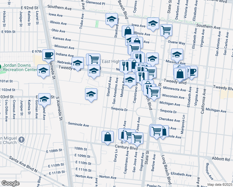 map of restaurants, bars, coffee shops, grocery stores, and more near 10124 San Anselmo Avenue in South Gate
