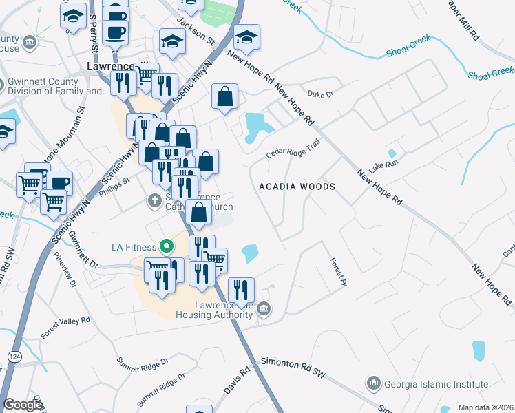map of restaurants, bars, coffee shops, grocery stores, and more near 259 Cedar Ridge Trail in Lawrenceville