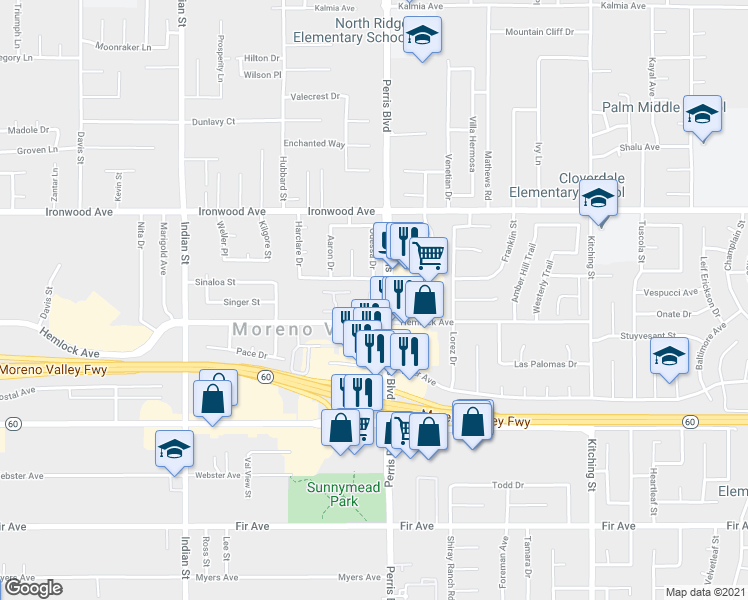 map of restaurants, bars, coffee shops, grocery stores, and more near 12220 Carnation Lane in Moreno Valley