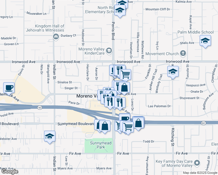 map of restaurants, bars, coffee shops, grocery stores, and more near 12220 Carnation Lane in Moreno Valley