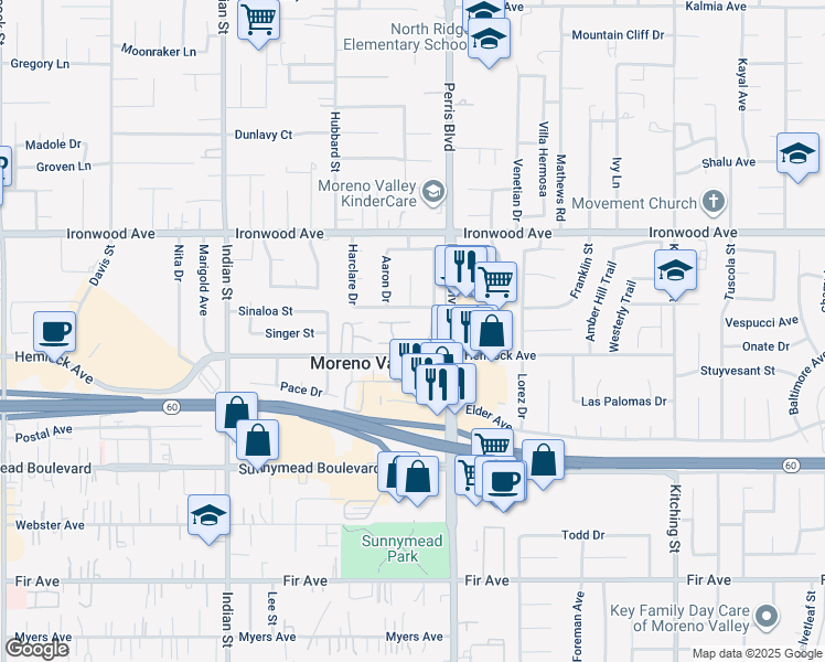 map of restaurants, bars, coffee shops, grocery stores, and more near 12198 Orchid Lane in Moreno Valley