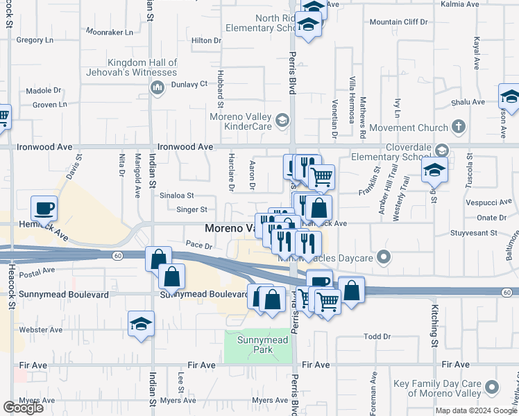 map of restaurants, bars, coffee shops, grocery stores, and more near 12198 Orchid Lane in Moreno Valley