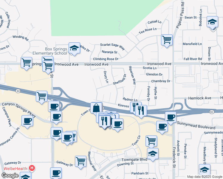 map of restaurants, bars, coffee shops, grocery stores, and more near 12213 Heritage Drive in Moreno Valley