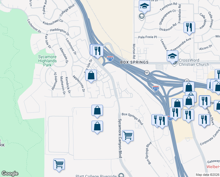 map of restaurants, bars, coffee shops, grocery stores, and more near 5925 Sycamore Canyon Boulevard in Riverside