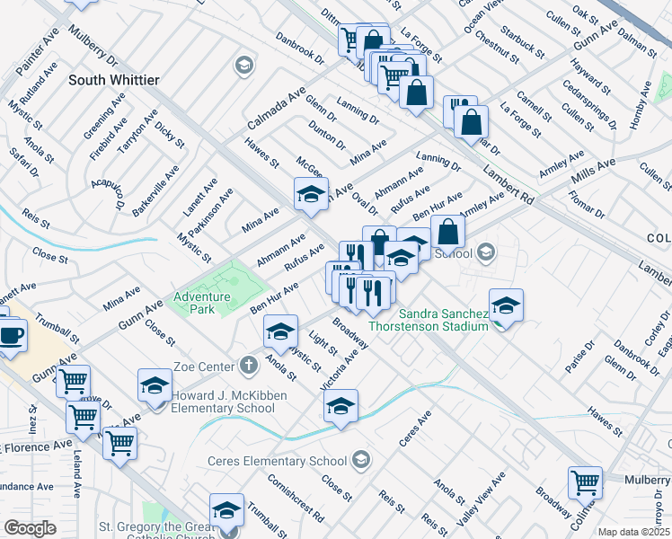 map of restaurants, bars, coffee shops, grocery stores, and more near 9 Dicky Street in Whittier