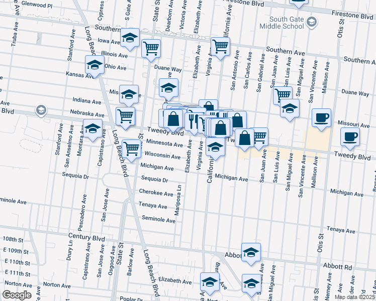 map of restaurants, bars, coffee shops, grocery stores, and more near 10013 Virginia Avenue in South Gate