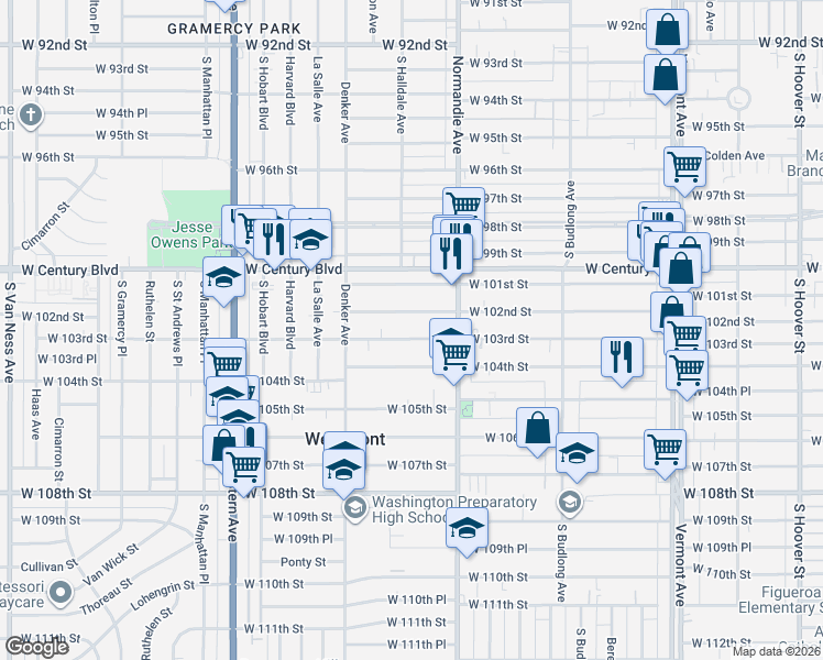 map of restaurants, bars, coffee shops, grocery stores, and more near 1447 West 103rd Street in Los Angeles