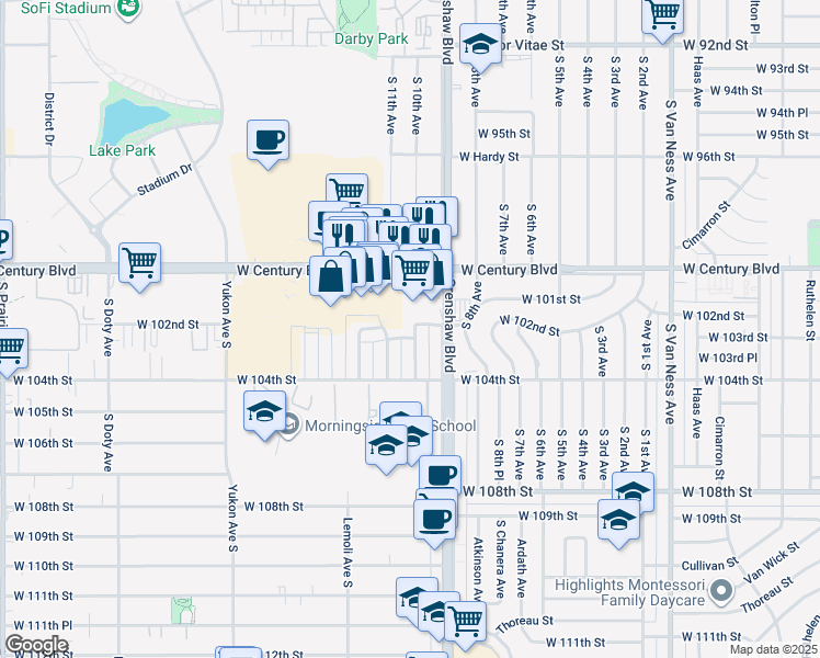 map of restaurants, bars, coffee shops, grocery stores, and more near 10202 South 10th Avenue in Inglewood
