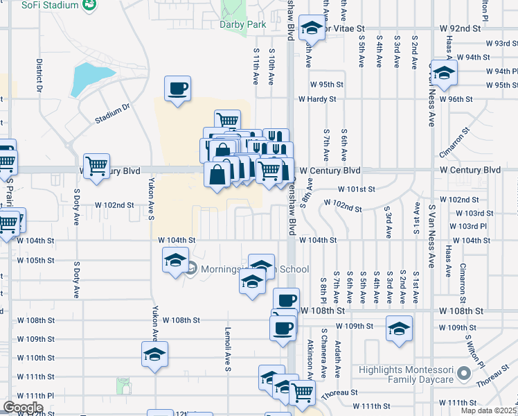 map of restaurants, bars, coffee shops, grocery stores, and more near 10201 Woodworth Avenue in Inglewood