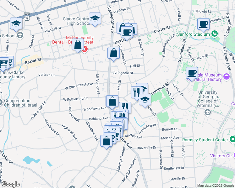 map of restaurants, bars, coffee shops, grocery stores, and more near 190 Mell Street in Athens
