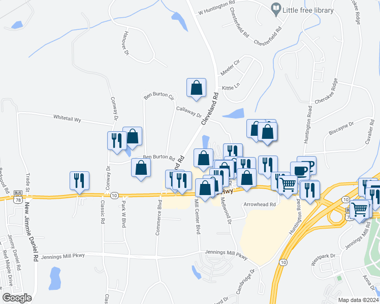 map of restaurants, bars, coffee shops, grocery stores, and more near 250 Cleveland Road in Bogart