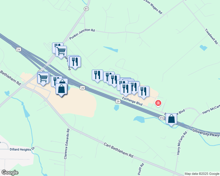map of restaurants, bars, coffee shops, grocery stores, and more near 656 Exchange Boulevard in Bethlehem