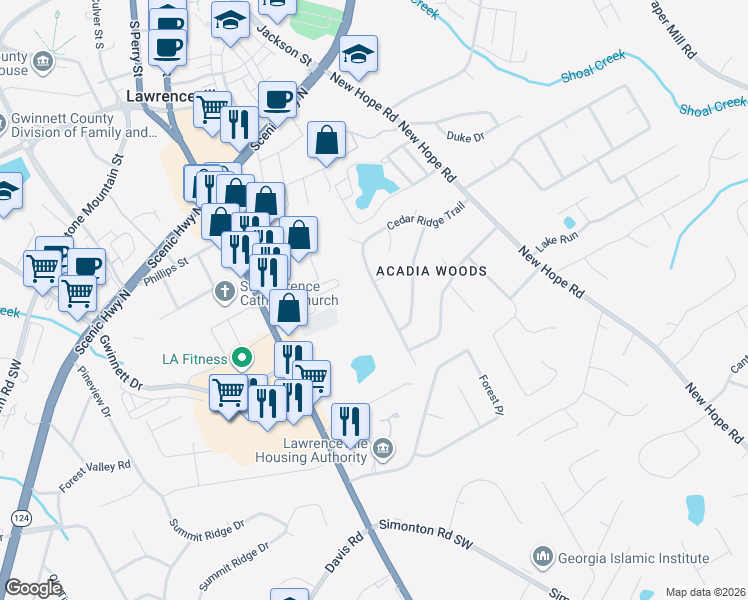 map of restaurants, bars, coffee shops, grocery stores, and more near 259 Cedar Ridge Trail in Lawrenceville