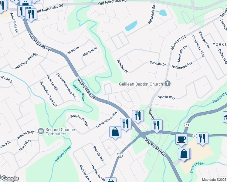 map of restaurants, bars, coffee shops, grocery stores, and more near 384 Parc River Boulevard in Lawrenceville