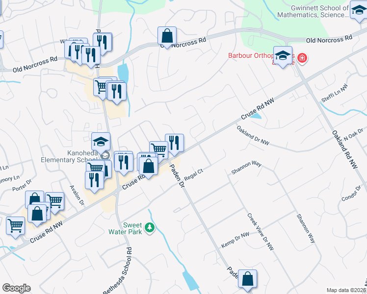 map of restaurants, bars, coffee shops, grocery stores, and more near 909 Country Oaks Court in Lawrenceville