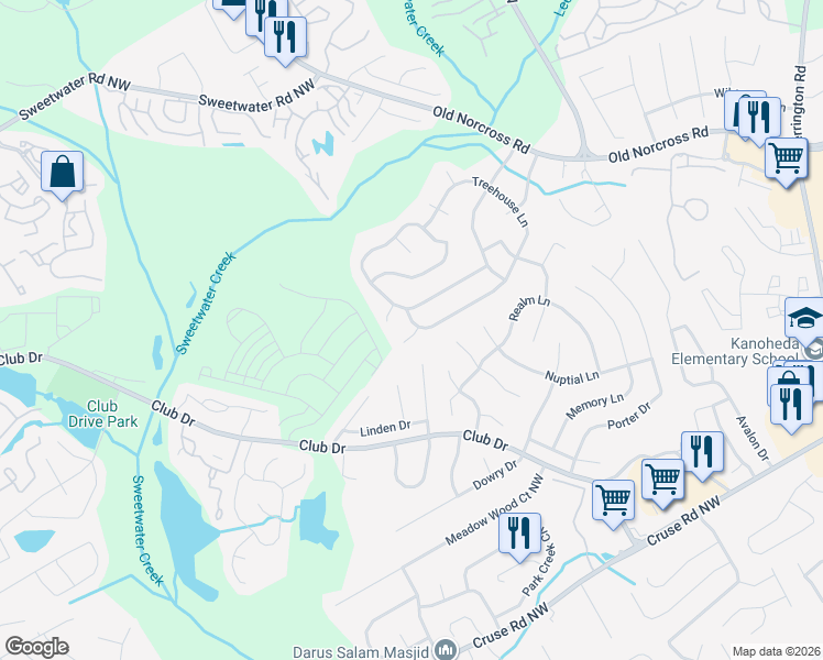 map of restaurants, bars, coffee shops, grocery stores, and more near 1247 Shade Court in Lawrenceville