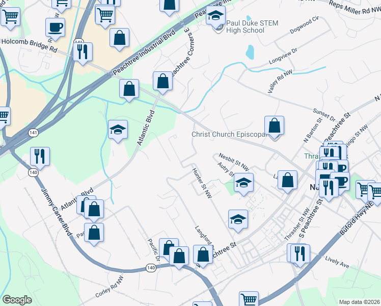 map of restaurants, bars, coffee shops, grocery stores, and more near 2840 Olde Town Park Drive in Norcross