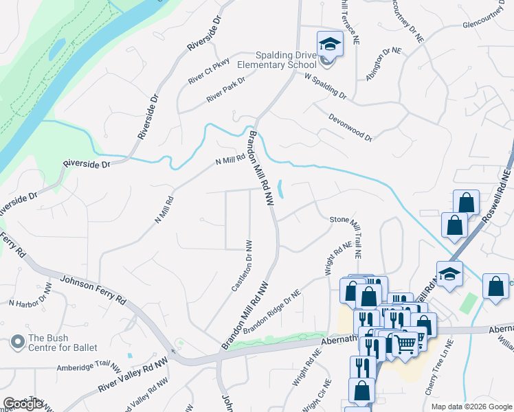 map of restaurants, bars, coffee shops, grocery stores, and more near 6905 Castleton Drive Northwest in Sandy Springs