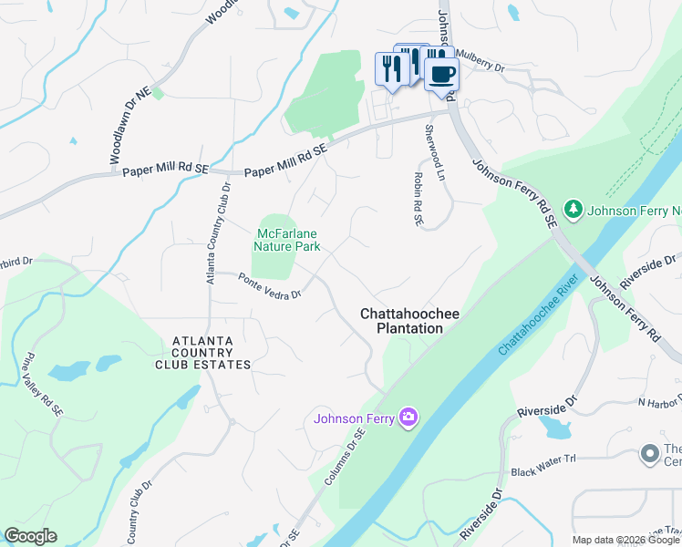 map of restaurants, bars, coffee shops, grocery stores, and more near 345 Dogwood Trail in Marietta