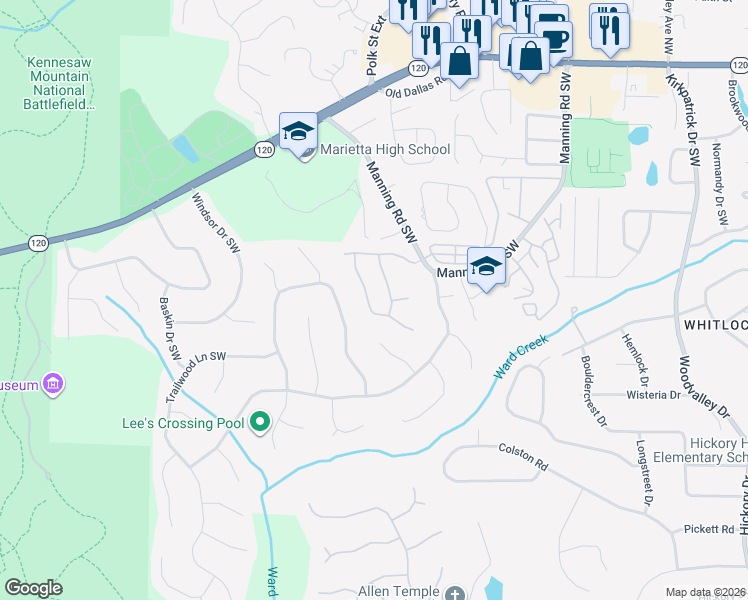 map of restaurants, bars, coffee shops, grocery stores, and more near 425 Rockford Pass Southwest in Marietta