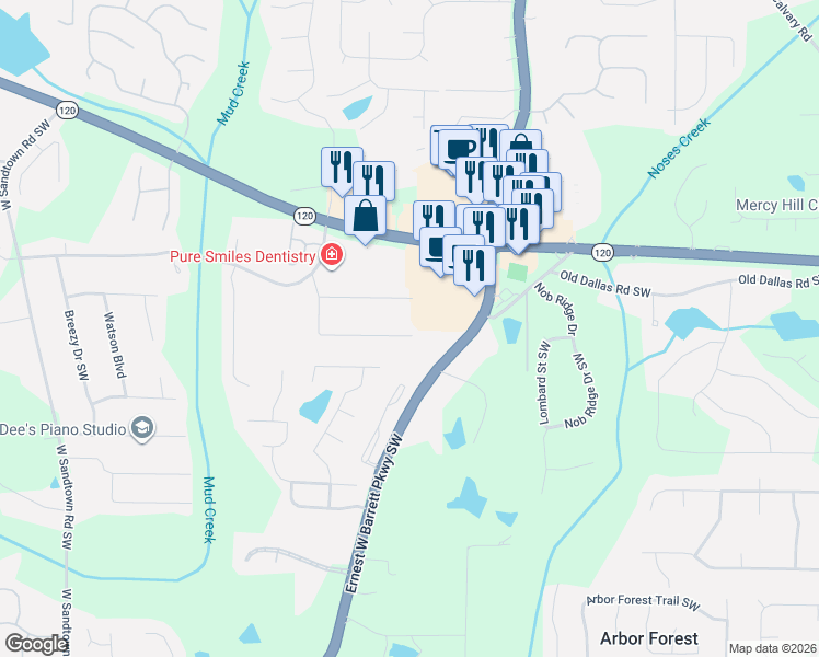 map of restaurants, bars, coffee shops, grocery stores, and more near 2536 Big Oaks Drive in Marietta