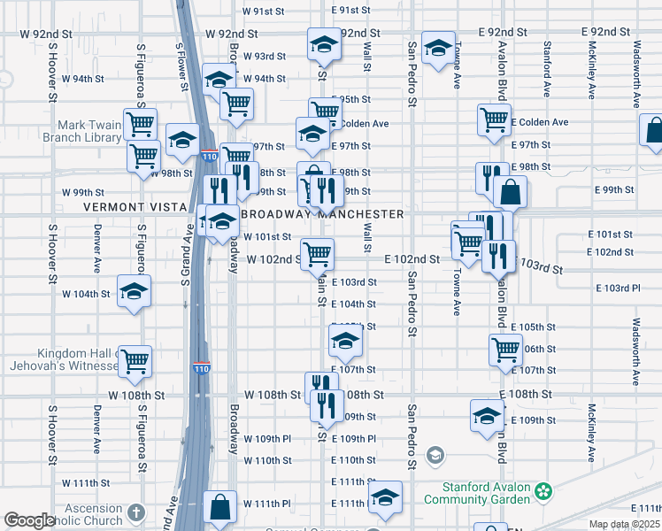 map of restaurants, bars, coffee shops, grocery stores, and more near 10206 South Main Street in Los Angeles