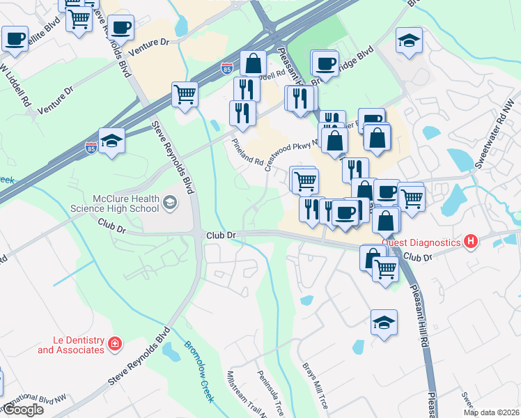 map of restaurants, bars, coffee shops, grocery stores, and more near 1699 Southgate Mill Drive in Duluth